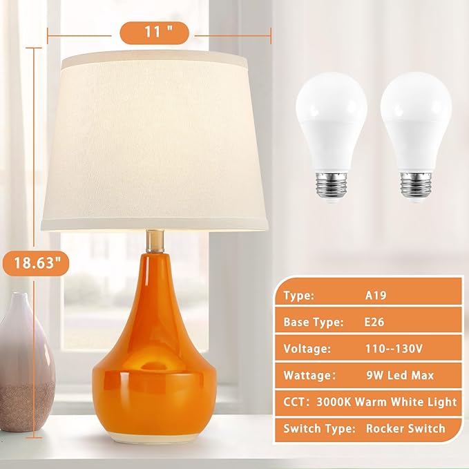 GyroVu Table Lamp Set of 2, Ceramic Table Lamp Classic Beside Lamps Nightstand Lamp Modern Table Lamp for Living Room, Bedroom & Office Rocker Swtich Orange-LED Bulbs Included - Bloomnest