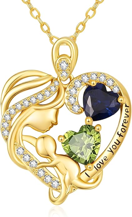 14K Gold Double Birthstone Heart Necklace for Women Mom, Mother Son/Daughter Pendant Necklace for Christmas Mother's Day Birthday Gifts for Wife Daughter Grandmom - Bloomnest