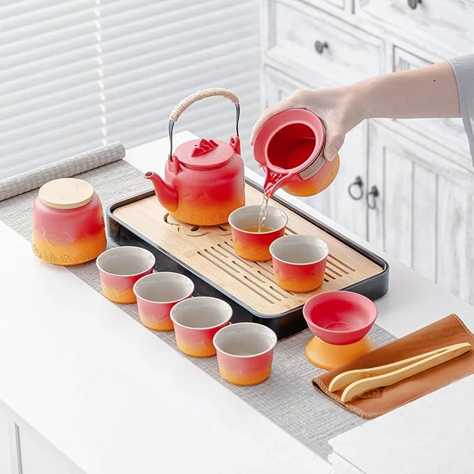 ICHAG Chinese Tea Set, Japanese Tea Sets for Adults, 15-Piece Porcelain Gongfu Tea Set with Tea Pet & Tea Tray, Japanese Teapot Set, Travel Tea Party Set, for Home/Office/Outdoor/Gifts (Red) - Bloomnest