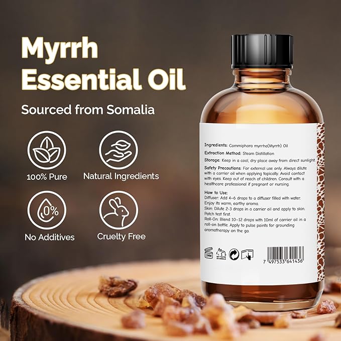 Myrrh Essential Oil 4 Oz, 100% Pure Natural Myrrh Oil for Diffuser, Skin, Hair, Body & Face, Massage, DIY & Home Use - Bloomnest