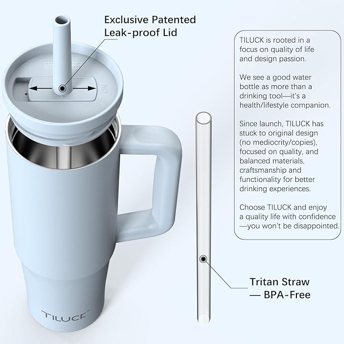 TILUCK 30 oz Tumbler with Handle, Vacuum Insulated Stainless Steel Travel Mug with 100% Leak-Proof Silicone Straw Lid, Cupholder Friendly Water Bottle(LightBlue, 30oz) - Bloomnest