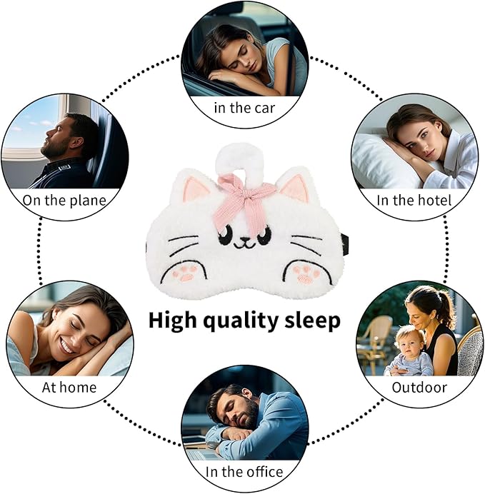 Cute Sleeping Mask, Cat Soft Plush Fluffy Sleep Mask Funny Cartoon Kittens Dog Blindfold Novelty Eye Cover Eyeshade Shade for Kids Girls and Adult Travel (White+Brown) - Bloomnest