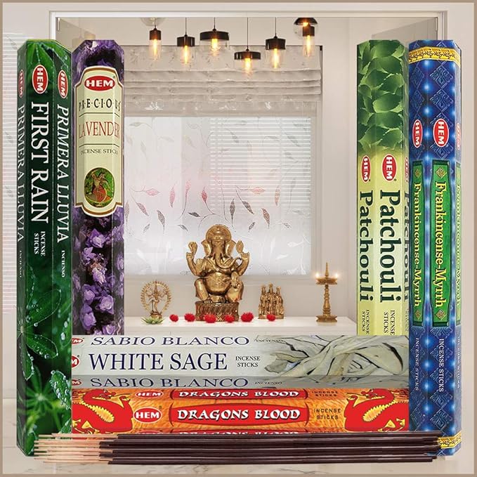 Hem Incense Sticks Variety Pack #23-120 Insence-Sticks (6 Incents x 20 Insense) + Incense Stick Holder with 6 Most Liked Scents Including Patchouli Dragons Blood White Sage Frankincense-Myrrh - Bloomnest