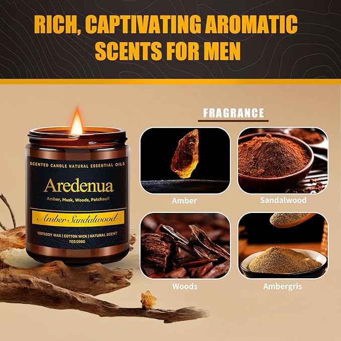 Amber Sandalwood Candle, Scented Candles for Home, Masculine Candle, Aromatherapy Gifts - 7oz Soy Candles for Home Scented, 50 Hours Burn Time, Perfect for Creating Relaxing & Room Filling Fragrance - Bloomnest