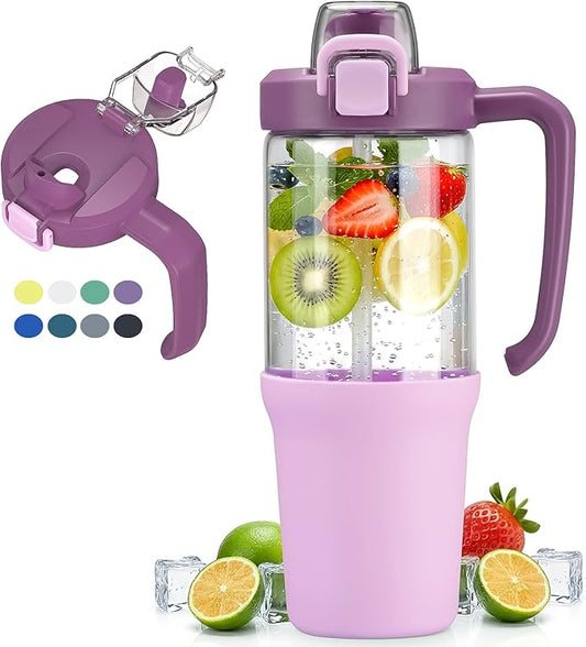 32 oz Glass Tumbler with Handle, 2-in-1 Straw and Sip Spout, Leakproof, BPA-Free Glass Water Bottle for Sports, Office, School, Lilac - Bloomnest