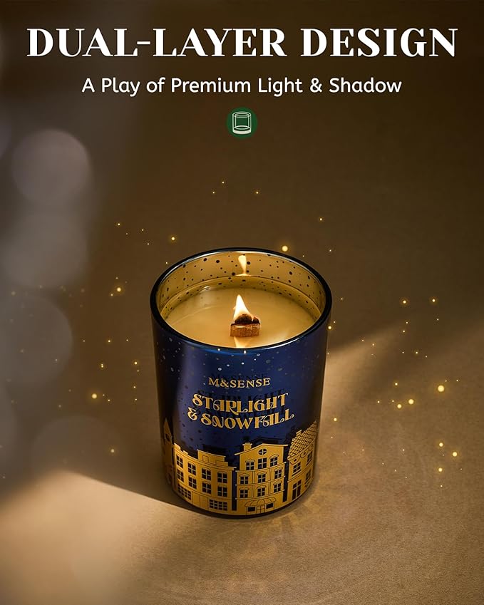 M&SENSE Christmas Candles, Startlight Snowfall Scented Winter Candle Natural Soy Wax 18oz 100 Hours Clean Non Toxic Burn, Cracking Wooden Wick Large Gift for Holiday Family Friends - Bloomnest