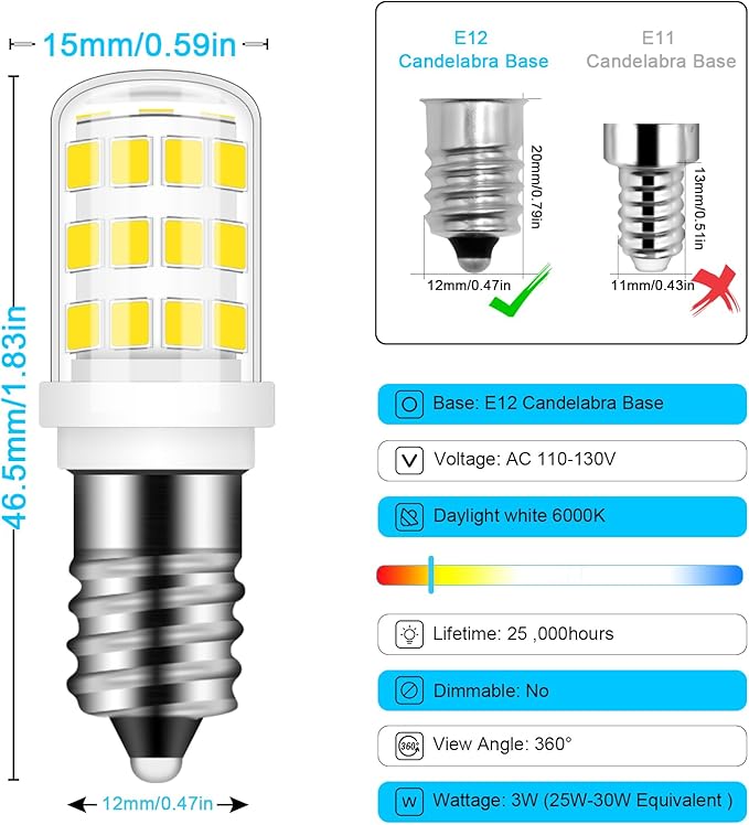 E12 Dryer LED Light Bulb for Dryer Drum and Specific 120V S6 Water Dispenser Light Bulb WE05X20431 WP22002263 Candelabra Screw Base Night Light 3W Cool White 6000K 2-Pack - Bloomnest