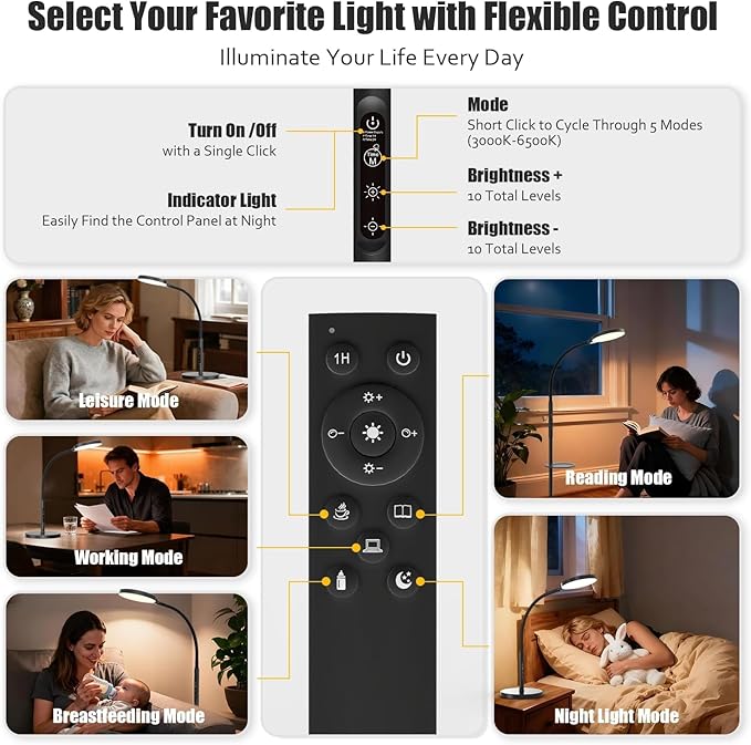 Light Therapy Lamp, 3-in-1 Floor Lamp 11000 Lux, Sunlight Lamp with Remote & Timer, LED UV-Free Sun Lamp with Adjustable 10 Brightness & 5 Color Temperature for Living Room Bedroom Office, Black - Bloomnest