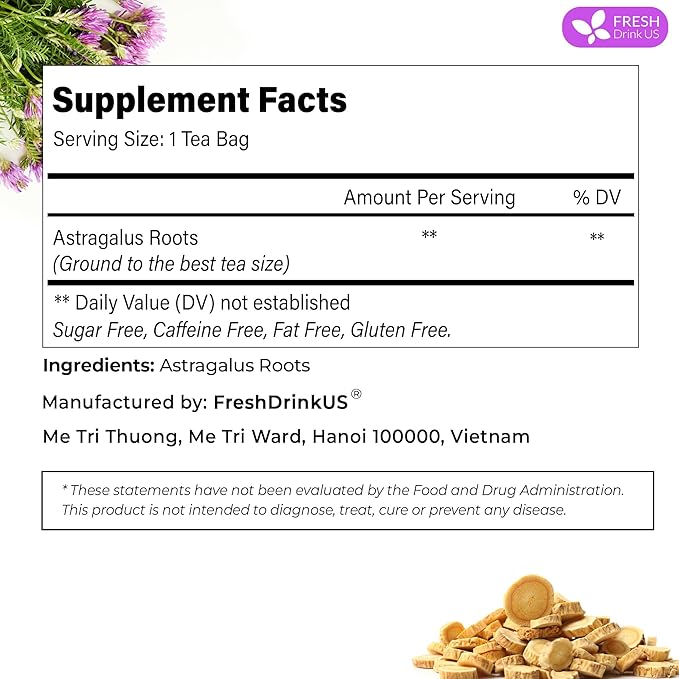 FreshDrinkUS, Premium 75 Astragalus Root Tea Bags, 100% Natural & Pure from Astragalus Root. Astragalus Root Herbal Tea. Made with Natural Material Tea Bags. No Sugar, No Caffeine, No Gluten, Vegan. - Bloomnest