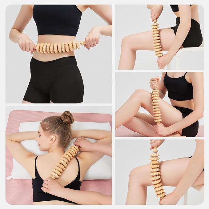 Wooden Cellulite Massage Roller for Legs and Thighs - Handheld Fascia Blaster Tool for Muscle Relief, Lymphatic Drainage & Body Sculpting - Anti Cellulite Massager for Women and Men (12 Wheel) - Bloomnest