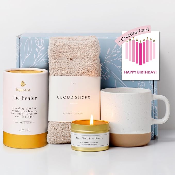 Unboxme Deluxe Birthday Care Package - Fluffy Socks, Mug, Lemon & Ginger Tea Set, Scented Candle & Greeting Card - Birthday Gift Box - Bloomnest