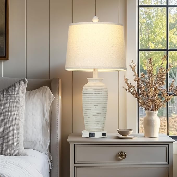 25" Retro White Farmhouse Jar Table Lamps Set of 2, 3 Way Touch Control Rustic Bedside Lamps with USB A+C Ports & AC Outlet, Pot Nightstand Lamps for Bedroom Living Room (LED Bulbs Included) - Bloomnest