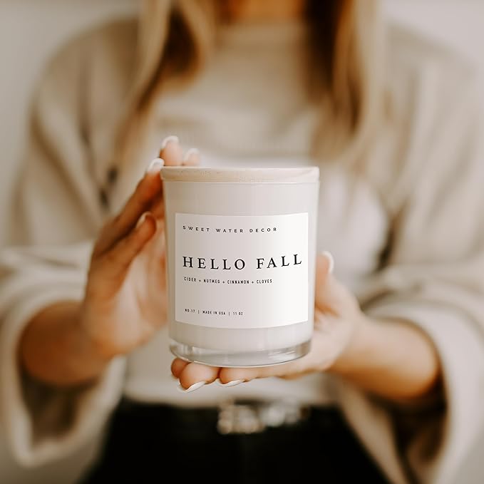 Sweet Water Decor Hello Fall Candle - Cinnamon Apples Cloves & Nutmeg Fall Scented Candle for Home Decor - 100% Cotton Wick Soy Wax Candles with 50 Hour Burn Time - Made in The USA - 11oz White Jar - Bloomnest