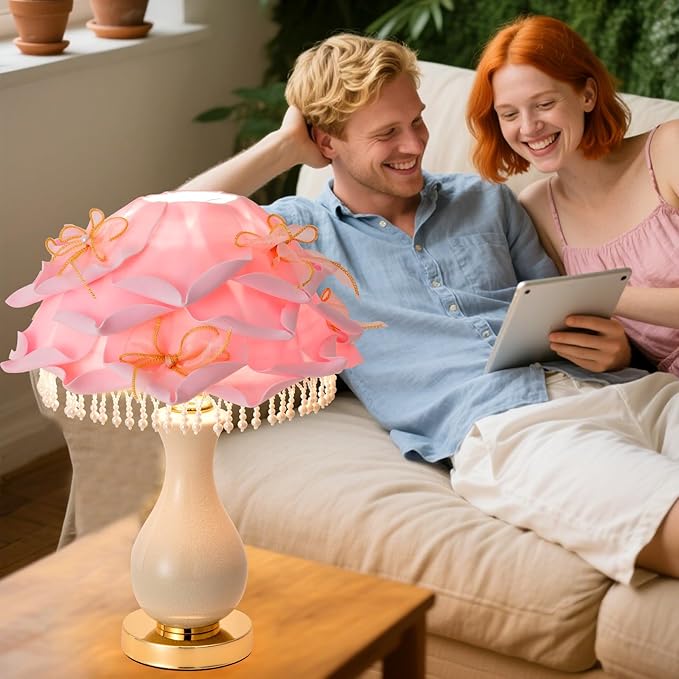 Pink Rose Flower Lamp Nordic Flower Table Lamp Romantic Ceramic Nightstand Light Modern Princess Bedside Lamp for Girl Valentines Mother's Day Wedding Decor Bedroom Living Room Entry - Bloomnest
