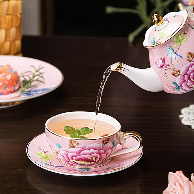 ACMLIFE Tea for One Teapot and Cup, Vintage Floral Porcelain Tea Set for One, Bone China Teapot with Cup Set, Tea Pot Gift for Women (Pink) - Bloomnest