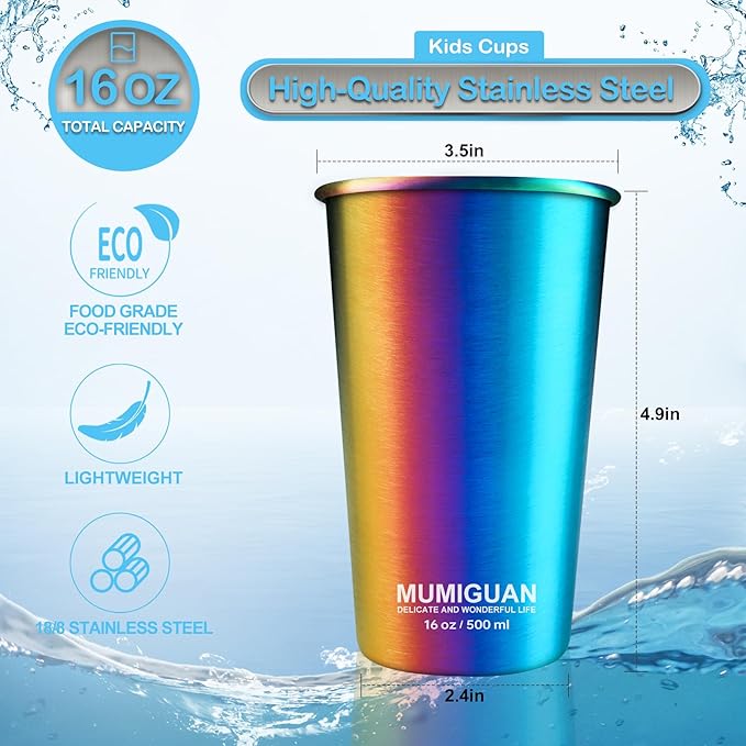 Stainless Steel Cups for Kids 16oz/500ml (4 Pack), Children's Rainbow Electroplating Cups, Camping Stainless Steel Cups, Stackable Metal Drinking Glasses, Toddler Stainless Steel Tumbler, BPA Free - Bloomnest