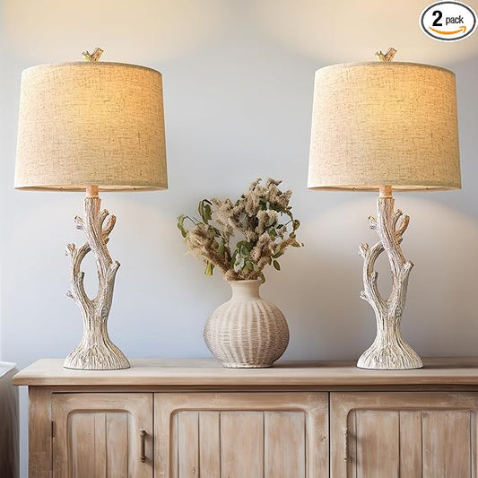 OYEARS Farmhouse Table Lamps Set of 2 for Living Room Bedroom Bedside Tree Lamp Nightstand End Table 25" Lamps Vintage Natural Style - Bloomnest