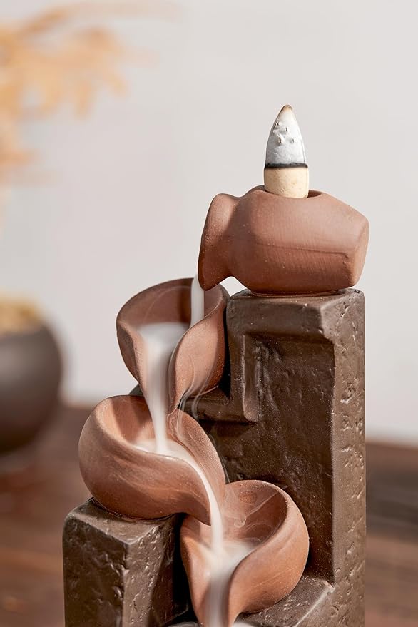 Unique Cascading Basins Ceramic Waterfall Incense Holder, Paired with a Pack of Backflow Incense Cones. (Primary) - Bloomnest