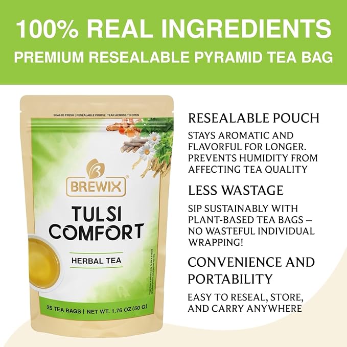 BREWIX, Tulsi Holy Basil Tea Bags (25 Pyramid Bags) | Tulsi Leaves | Holy Basil & Chamomile | Caffeine Free | Herbal Tea Bags | Calming, Fresh and Cool Flavor - Bloomnest