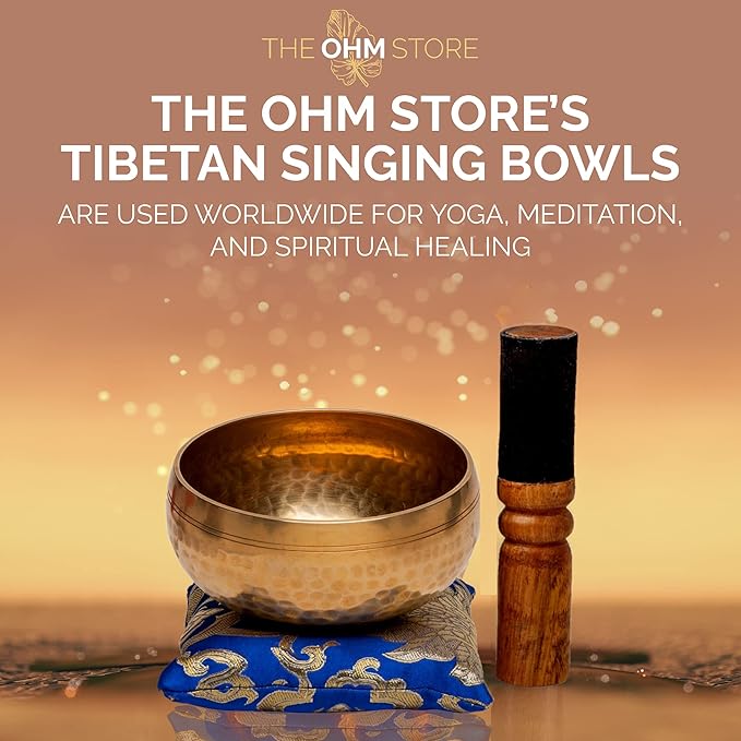 Tibetan Singing Bowl Set by Ohm Store — Hand Hammered Lingam Meditation Sound Bowl — Yoga, Chakra Balancing, Mindfulness, Stress and Anxiety Relief