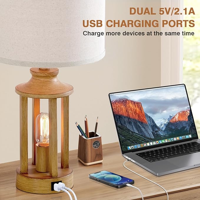 Touch Control Farmhouse Table Lamp Set of 2 with 2 USB Ports, 3 Way Dimmable Bedside Lamps with 2 LED Nightlight，Rustic Nightstand Lamps for Bedroom, Living Room Office (4 LED Bulbs Included) - Bloomnest