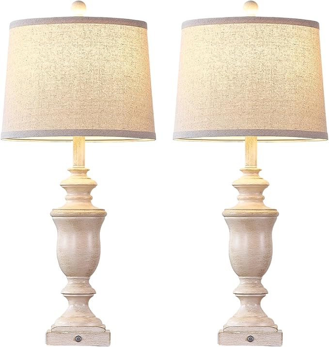 27.5" Set of 2 Farmhouse Table Lamps for Bedroom, 3 Way Dimmable Bedside Lamp with 2 USB +AC Outlet Nightstand Lamps for Living Room Resin Rustic Touch Lamps (Antique Beige) - Bloomnest