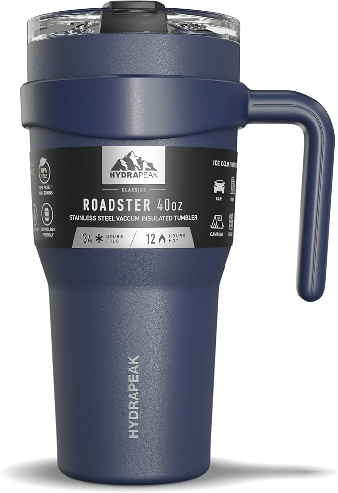 Hydrapeak Roadster 40oz Stainless Steel Tumbler Double Wall Vacuum Insulated Water Bottle With Handle And 2 in 1 Straw Lid (Navy) - Bloomnest