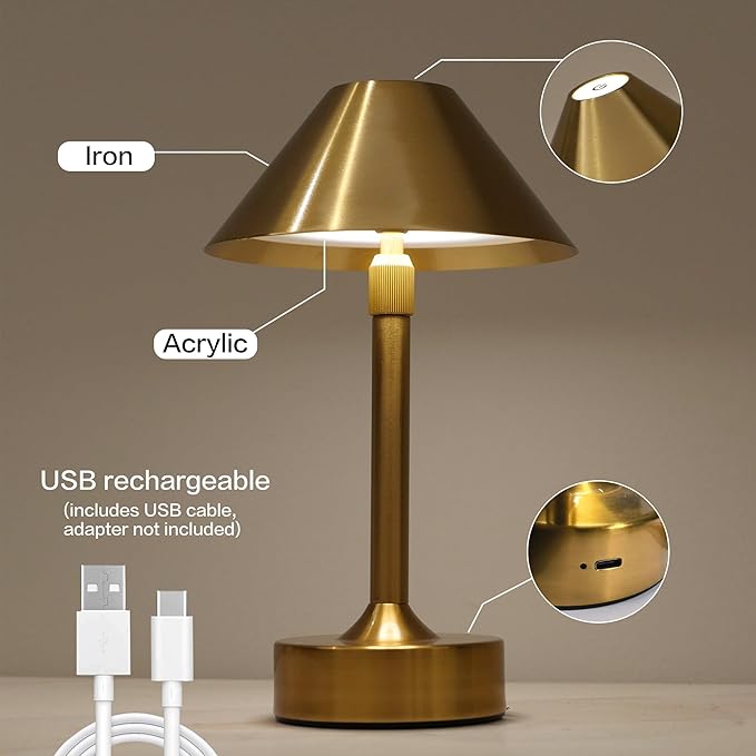 Cordless Table Lamp - Rechargeable Night Light with 2000mAh Battery, Touch Control, Dimmable White/Warm/Neutral Light, Adjustable Height, USB Charging, Ambient LED Bedside Lamp (Gold) - Bloomnest