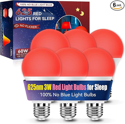 Neporal 3W 625nm Red Light Bulbs for Sleep, 100% Blue Light Blocking Bulb, Red Light Night Light for Melatonin Promoting, A19 40W Equivalent Dim Light Bulbs for Bedroom, Baby Nursery,6 Pack - Bloomnest