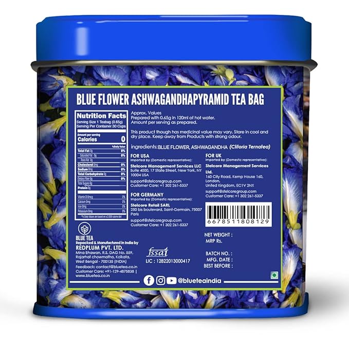 BLUE TEA - Butterfly Pea Flower Tea - Ashwagandha - 15 Count - Pyramid Plant Based Tea Bag | ANTIOXIDANT RICH | Caffeine Free - Flower Based - Detox Tea - Non-GMO | Reusable Tin Pack - Bloomnest