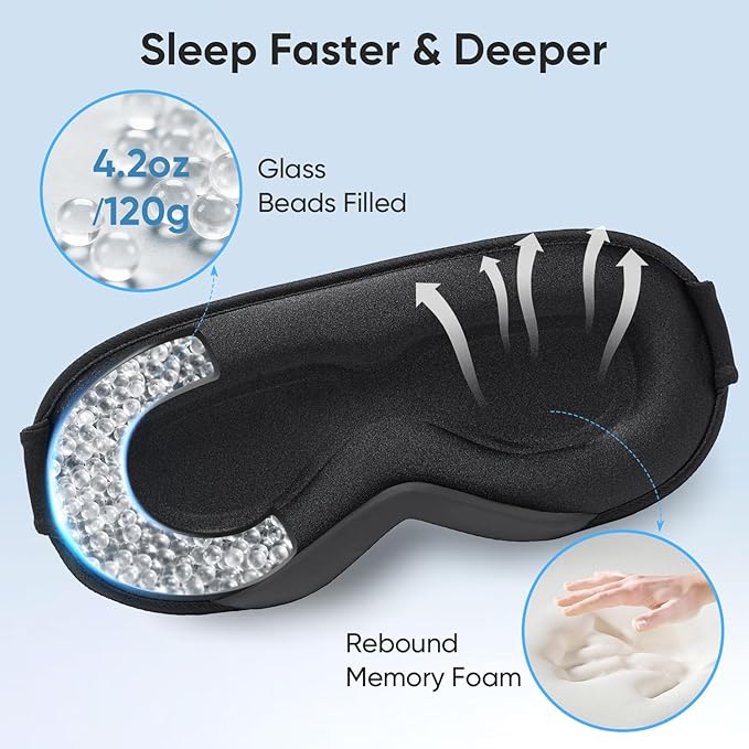 Weighted Eye Mask for Sleeping - Sleep Mask for Women & Men, Blackout 3D Contoured Sleeping Mask for Side Sleeper, Zero Pressure Soft Night Eye Cover with Adjustable Strap for Travel, Black - Bloomnest