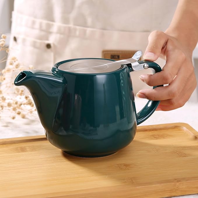 Ceramic Teapot With Stainless Steel Infuser, Heat Resistant, Perfect Tea Maker, Green, 500ml/17oz