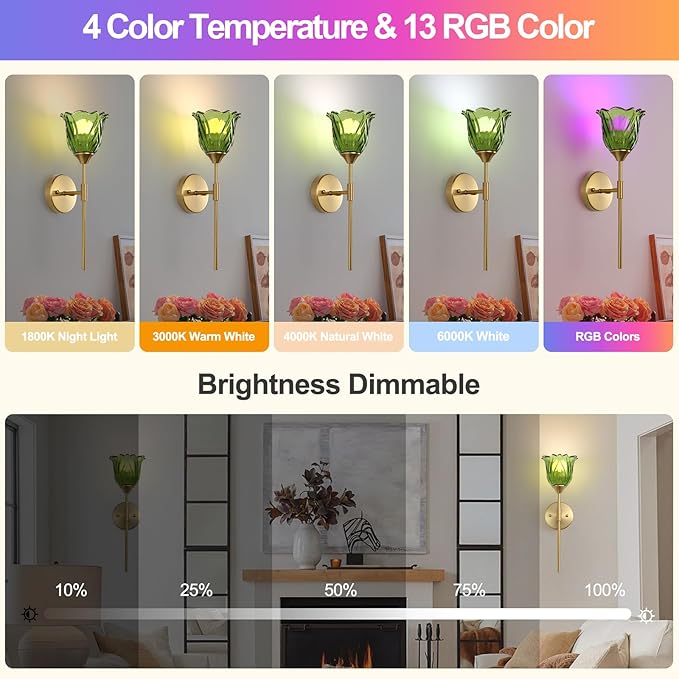 2 Pack Battery Operated Wall Sconce with Green Glass Lampshade, Mid Century Bathroom Vanity, Wireless Rechargeable RGB Wall Light with Remote Control, for Bedroom Mirror Living Room - Bloomnest