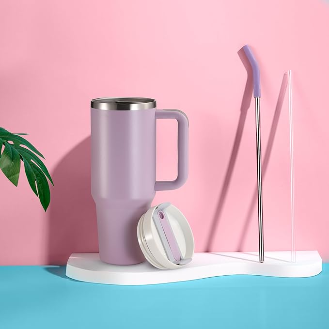 KooK Stainless Steel Tumbler, with Straw and Handle, Leakproof, Vacuum Insulated Travel Coffee Mug, Reusable Double Walled Water Bottle, Keeps Hot or Cold, 40 oz, Lilac - Bloomnest