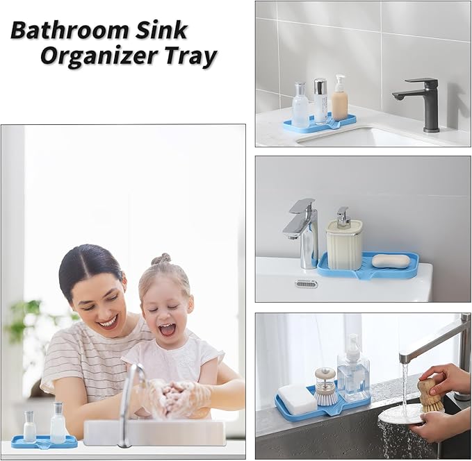 Silicone Bathroom Soap Dishes with Drain Spout-Bathroom and Kitchen Sink Organizer,Sponge Holder,Dish Soap Tray,Perfect for Dispenser,Scrubber,Bottle on Sink or Counter-Light Blue 9.6"×5.3" - Bloomnest