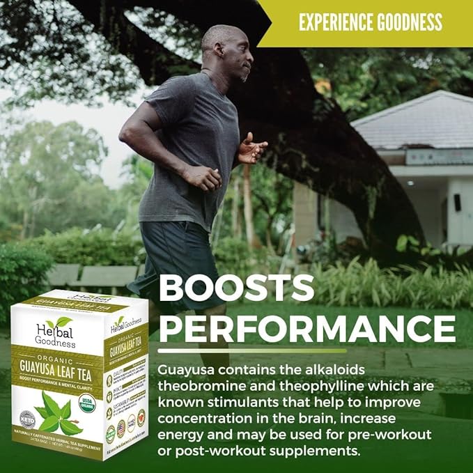 Herbal Goodness Organic Guayusa Leaf Tea Bags – Natural Energy Tea with Antioxidants & Smooth Caffeine | Smooth Focus | 24 Eco-Friendly Teabags – Caffeine Boost Without Jitters - | Yerba Mate Alternative, with Herbal Loose Leaf Tea Benefits - Bloomnest