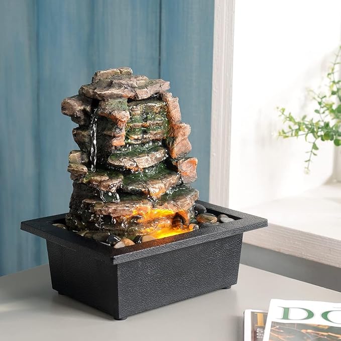 GOSSI Home Décor Waterfall Meditation Fountain Indoor Tabletop Many Natural River Rocks Decorated Office Home Tabletop Fountion with LED Lights Christmas Decorations - Bloomnest