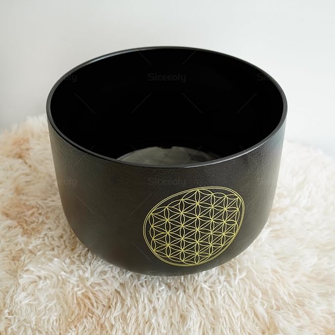 6" B Note Flower of Life Black Crystal Singing Bowl Frosted Quartz Crown Chakra Meditation Sound Healing Suede Striker O-ring - Bloomnest