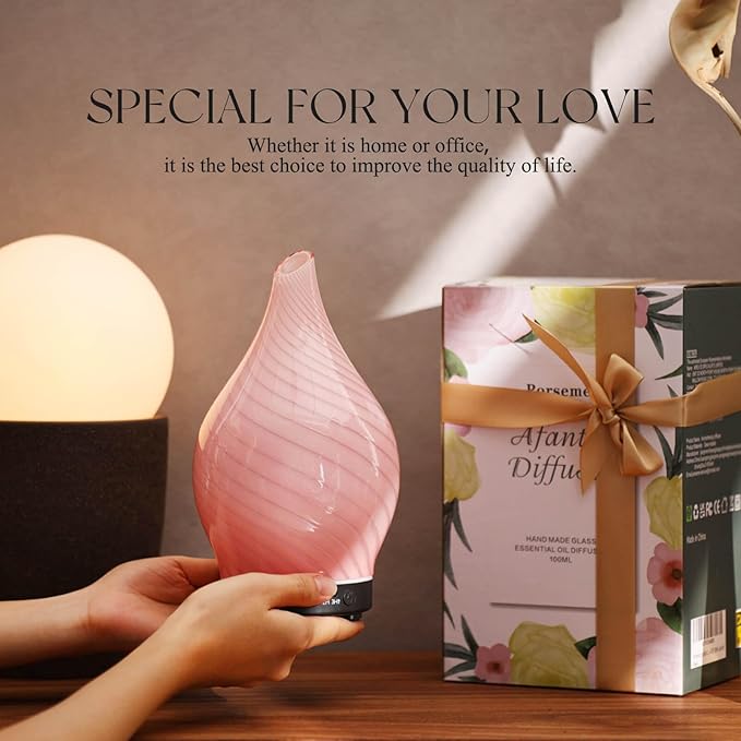Porseme 150ml Essential Oil Diffuser Glass Color Changing Aroma Air Diffusers Aromatherapy Ultrasonic Cool Mist Humidifier 6 Running Hours Waterless Auto-Off for Sleeping Yoga Office Spa (Pure Pink) - Bloomnest