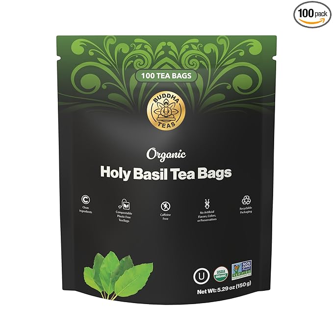Buddha Teas - Organic Holy Basil Tea Bags - For Health & Wellbeing - Ayurvedic Tulsi - With Antioxidants - Clean Ingredients - Caffeine Free - OU Kosher & Non-GMO - 100 Non-String Tea Bags (Pack of 1) - Bloomnest