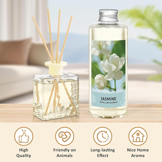 STRN Reed Diffuser Oil Refill, Jasmine Fragrance Oil for Diffuser Refill 200ml, Long-Lasting for Home, Living Room, Bedroom, Spa, 6.8 fl oz - Bloomnest