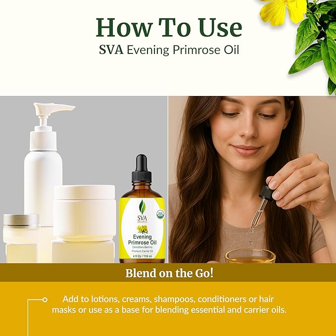 SVA Evening Primrose Oil Organic - 4 Fl Oz – 100% Natural Cold Pressed Organic Evening Primrose Oil - for Face, Skin Care, Hair Care, Scalp Massage & Body Massage – Carrier Oil with Dropper - Bloomnest