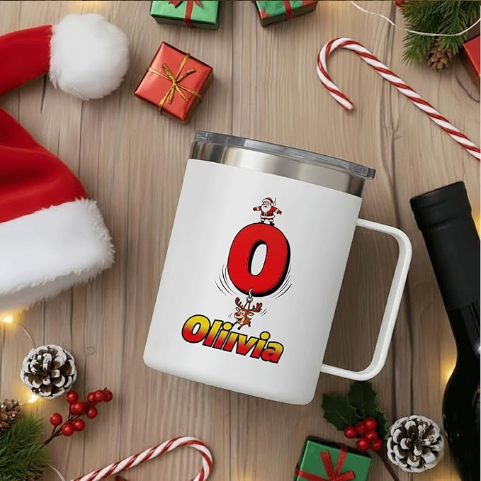 Personalized Christmas Mug with Initial & Name - Funny Santa & Reindeer Custom 12oz Insulated Stainless Steel Coffee Cup Tumbler with Handle & Lid - Unique Holiday Xmas Gifts for Kids (B151) - Bloomnest