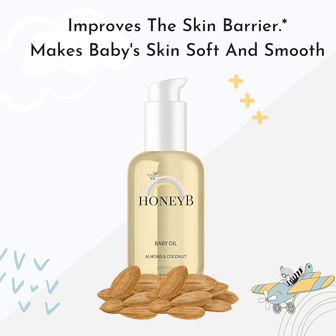 HoneyB Soothing Baby Oil with Almond & Coconut Oils for Increased Hydration - Clean and Plant-Based Baby Coconut Oil for Newborn, Baby Massage Oil, Coconut Baby Oil, 4oz - Bloomnest