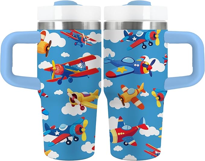 Airplane Gifts for Boys - 14oz Blue Kids Helicopter Airplane Tumbler with Handle and Straw, Stainless Steel Insulated Water Cup, for Sport, School - Airplane Themed Children Birthday Gifts Cup(1pc) - Bloomnest