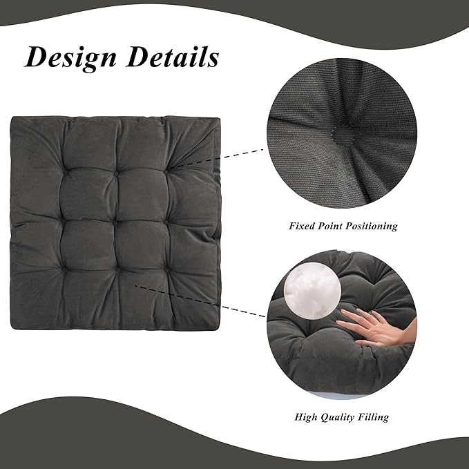 Meditation Floor Pillow 22×22 Inch 1 Pack Large Floor Cushions for Adults Square Tufted Corduroy Floor Pillows for Yoga Living Tatami Room Dark Grey - Bloomnest