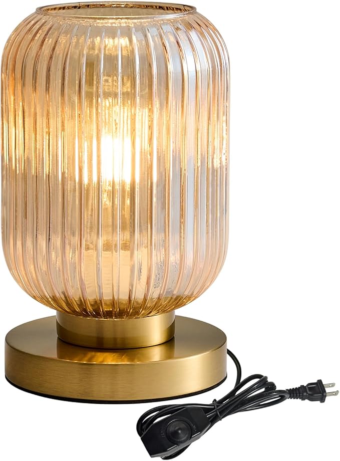 Glass Table Lamps Mid Century Modern Globe, Dimmable Amber Glass Table Lamp for Nightstand, Small Gold Table Lamp, Amber Pumpkin Design Ribbed Vintage Bedside Lamp for Bedroom Living Room Office - Bloomnest