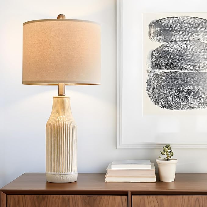 23.75 inches Modern Ceramic Table Lamp Set of 2 for Living Room, Farmhouse Bedside Nightstand Lamp for Bedroom Home Office Dorm - Bloomnest
