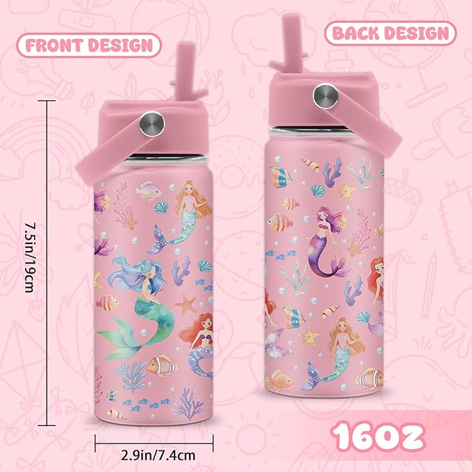 Mermaid Water Bottle, 16oz Little Mermaid Girls Stainless Steel Insulated Water Bottle with Straw Lid, Mermaids Cup Tumbler Gifts for Kids Girls - Bloomnest