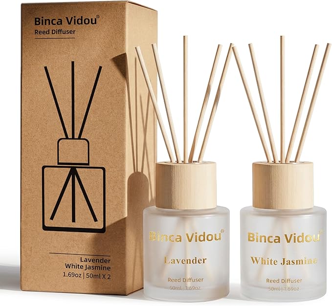 Reed Diffuser Set, Binca Vidou Lavender & White Jasmine Natural Scent Oil Diffusers with Sticks for Home Office Bathroom Aromatherapy Decor 1.69oz x 2 - Bloomnest